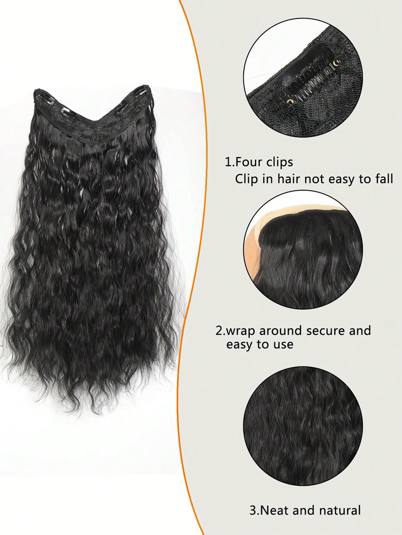 Women's V-shaped water ripple Long Synthetic Wig One-piece Extension Piece Fluffy Top Increase Hair Volume_voghion.com