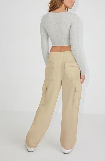 Damen Cargo-Jogginghose mit hoher Taille, lockere Passform, weites Bein, Trainingshose mit Taschen für Streetwear-Mode_voghion.com