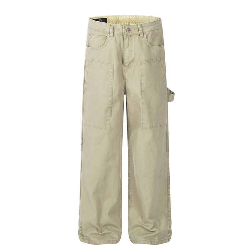 Gewaschene Cargo-Jeans mit mehreren Taschen im amerikanischen Stil für Herren, Street Fashion Ins, lockere, lässige, einfarbige, gerade lange Hosen_voghion.com