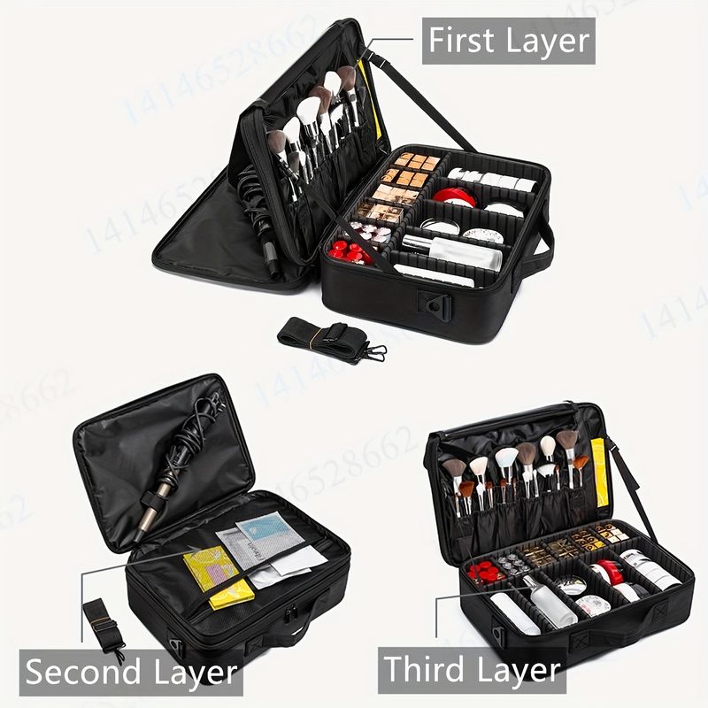 1pc Large Capacity Cosmetic Organizer Case With Adjustable Compartments, Durable Detachable Makeup Brushes & Mirror Holder, Multiple Pockets For Trave_voghion.com