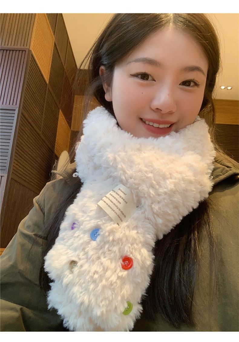 Sciarpa lunga in peluche da donna con motivo cervo bianco con bottoni uguali, nuova collezione autunno e inverno 2025, calda e spessa con collo alla moda_voghion.com
