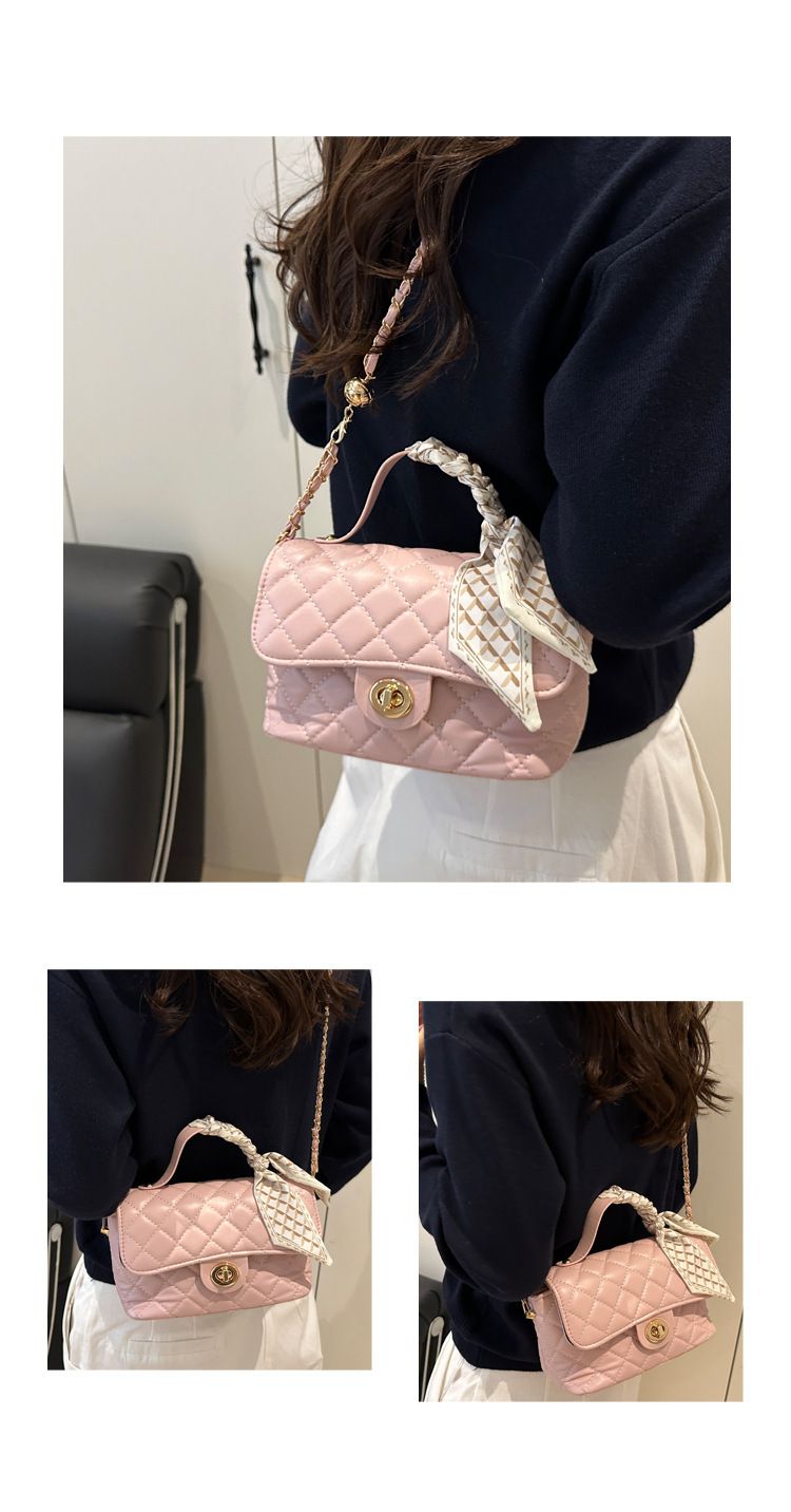 Women's Fashion Shoulder Bag With Quilted Design, Chain Strap & Scarf Detail - Soft PU Crossbody Purse For Daily Commute & Casual Outings_voghion.com