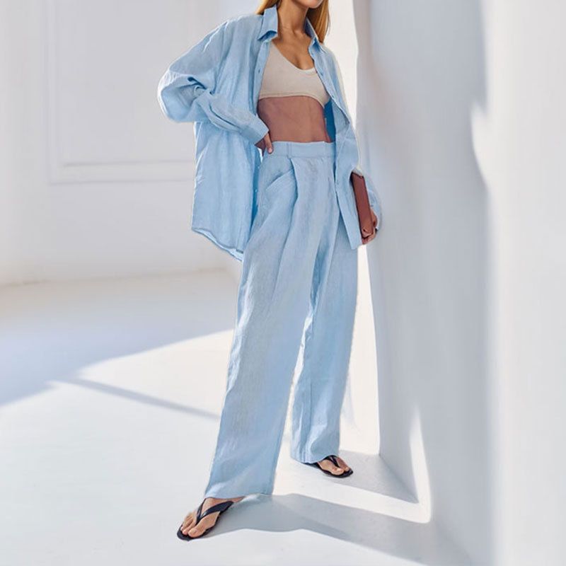 Abbigliamento da donna, primavera, nuovo, casual, temperamento, tinta unita, semplice, camicia a maniche lunghe, pantaloni, due pezzi, completo alla moda_voghion.com