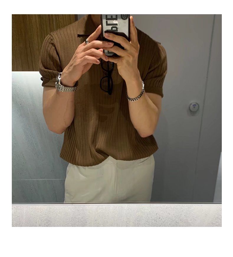 Roupas masculinas de verão, nova versão de camisa polo masculina slim de seda gelada, manga curta, camiseta masculina listrada de malha com lapela, leve e luxuosa britânica_voghion.com