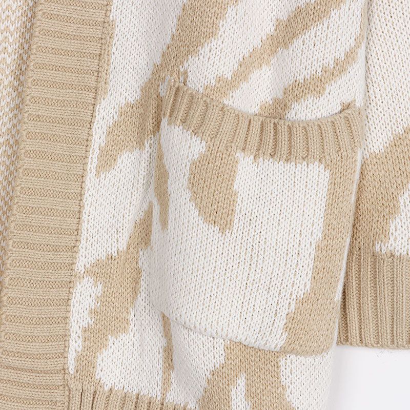 Abbigliamento donna maglione da donna cardigan lavorato a maglia sciolto di media lunghezza con motivo geometrico irregolare_voghion.com