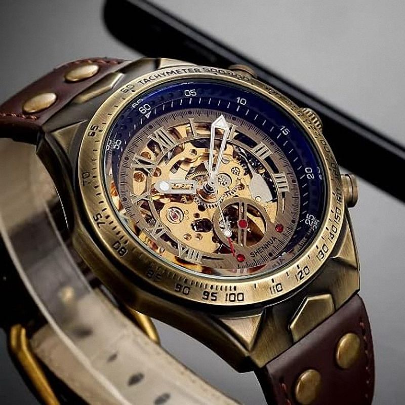 Bronze Retro Skeleton Automatic Mechanical Watch For Men Luminous Hand Brown Genuine Leather Belt Luxury Brand Steampunk Watches_voghion.com