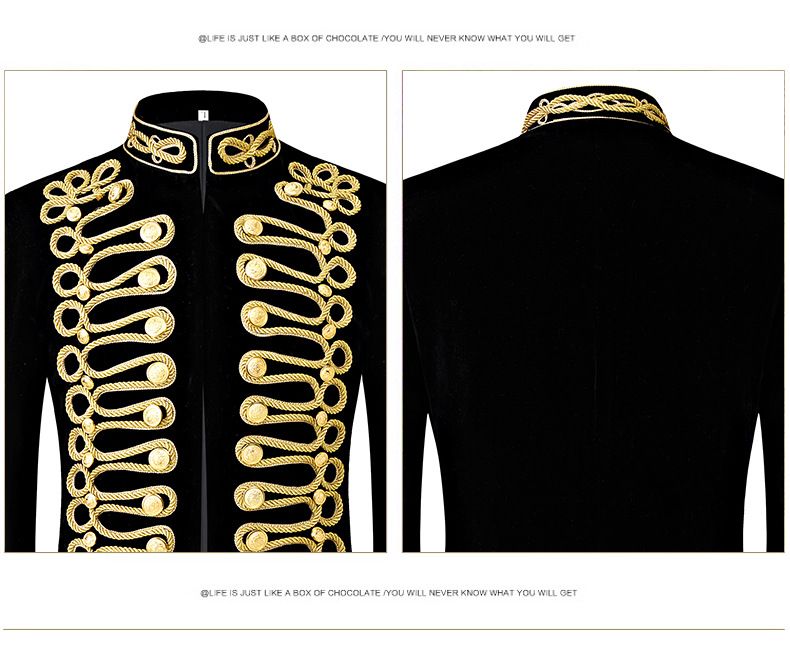 Rochie de palat pentru bărbați, rochie militară retro aristocratică, jachetă cu frânghie aurie, neagră, încrustată cu fir de aur, costum de performanță în scenă_voghion.com