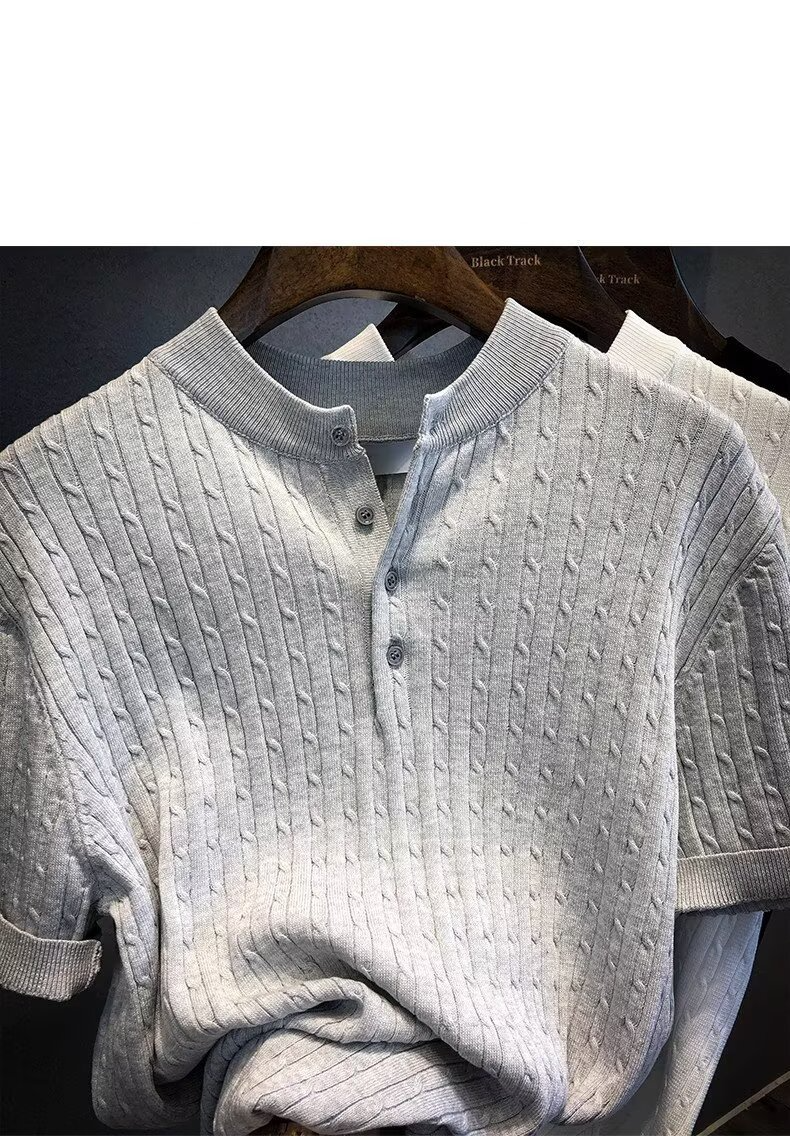 Men's Clothing High Grade Knitted Solid Color Pullover Button Short Sleeved T Shirt Men's Summer Korean Version Loose Henry Collar Polo Shirt Top_voghion.com