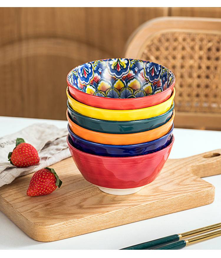 Bohemian Ceramic Soup Bowl Set 6 Piece Hand Painted Under Glaze Dinnerware Microwave Dishwasher Safe 32oz Large Noodle Bowls_voghion.com