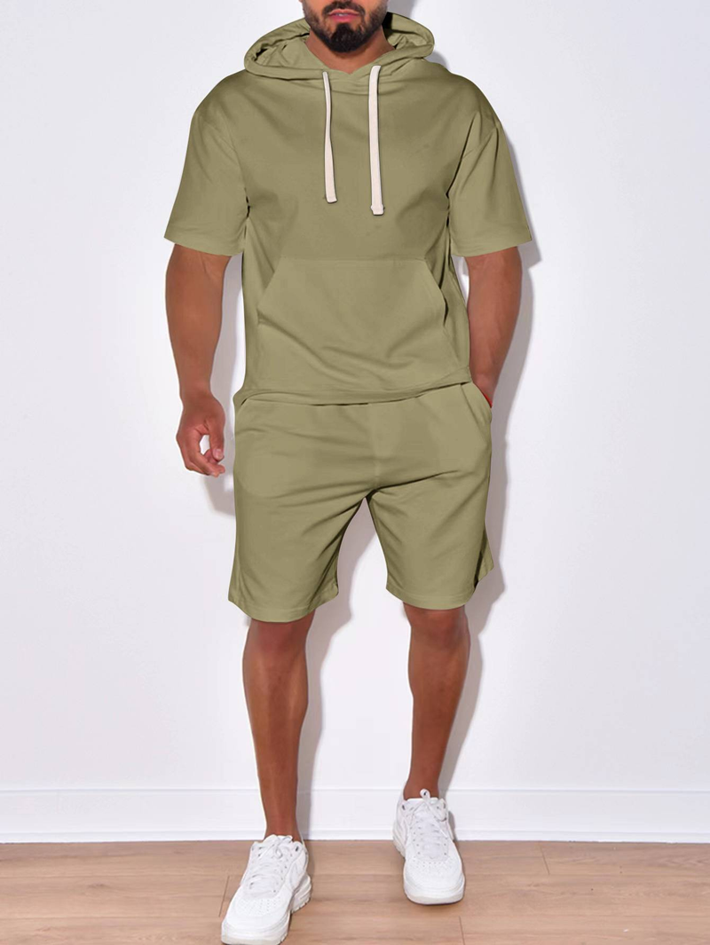 Nuovo prodotto 2025, abbigliamento sportivo casual da uomo europeo e americano, a maniche corte e pantaloncini, con cappuccio, tinta unita, due pezzi_voghion.com