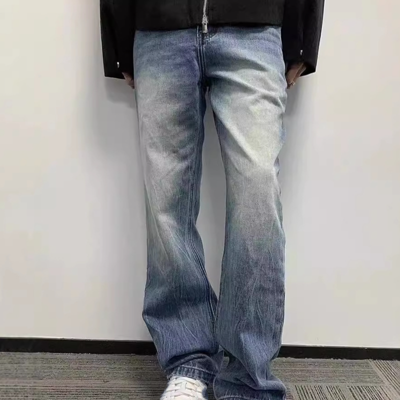 Cleanfit Ripple Blue Cow Must Have Ripple Washed Lightning Pattern Flared Jeans Bootcut Trousers Men_voghion.com