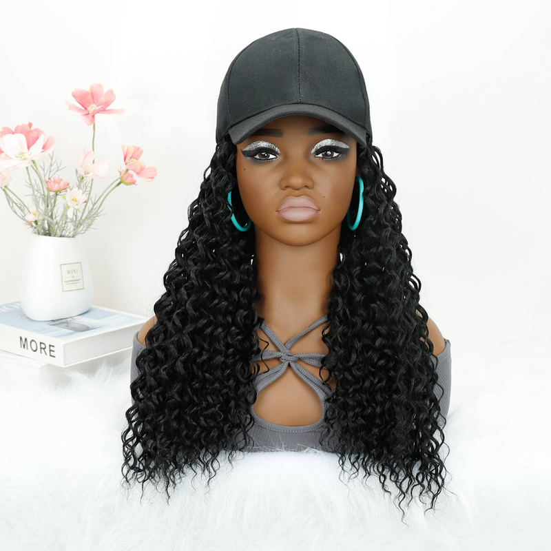 18 Zoll Hutperücke, Hut mit befestigten Haaren für Frauen, schwarze Baseballkappe mit Haarverlängerungen, lange gewellte Baseballkappenperücke, verstellbare Hüte für den Alltag_voghion.com
