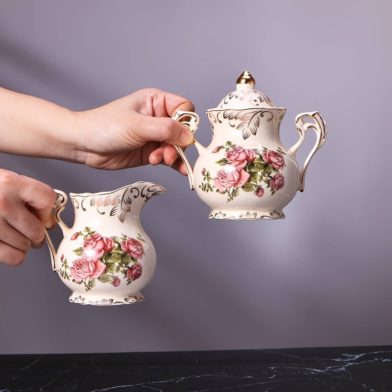 Ceramic Sugar And Creamer Set, Vintage Porlcelain Pitcher Creamer Sugar Bowl With Lid, Pink Rose Floarl Golden Leaves Edge_voghion.com