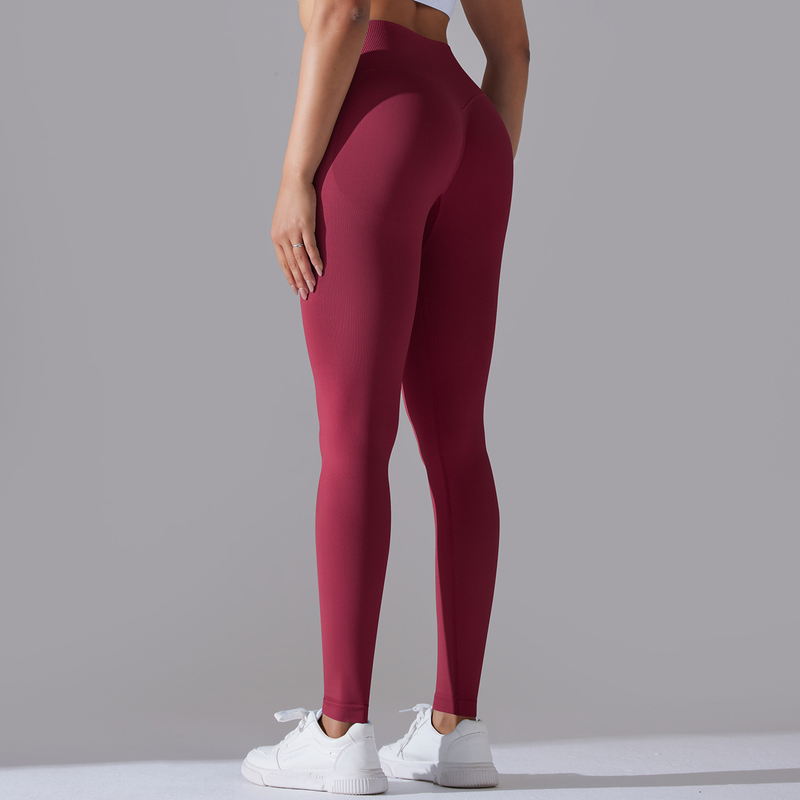 Pantaloni da yoga a nove punti da fitness da donna, lavorati a maglia, traspiranti, in tinta unita, a vita incrociata, color pesca, senza cuciture_voghion.com