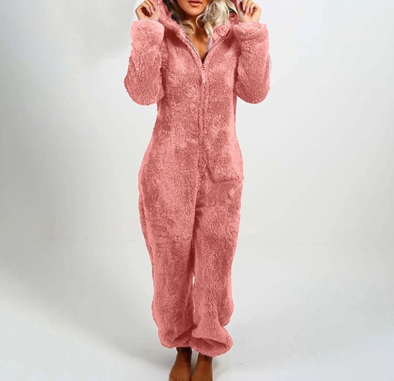 Women's Autumn And Winter Fleece Thickened Fluffy Jumpsuit Home Hooded Bear Pajamas_voghion.com