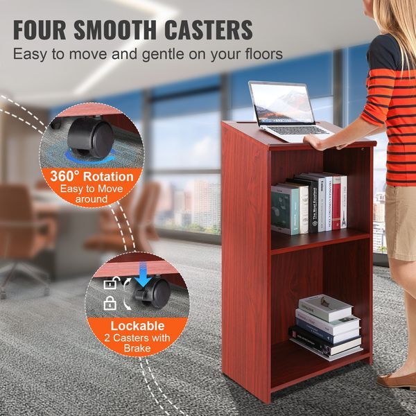 Podium Stand, 47 Inch Hostess Stand With 4 Rolling Wheels, Wood Podium With Storage Shelves And Slant Desktop, Lecterns & Podiums For Home, Off_voghion.com