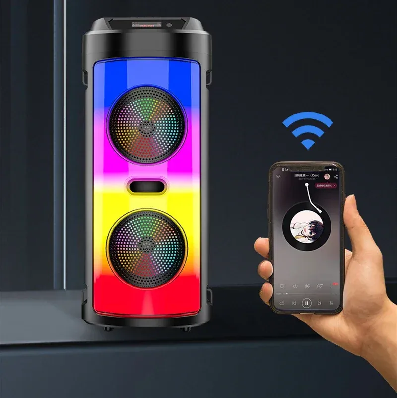 Többfunkciós vezeték nélküli kültéri mélynyomó party teljesítményű Bluetooth hangszóró mobil KTV színes világításeffektus U lemez_voghion.com