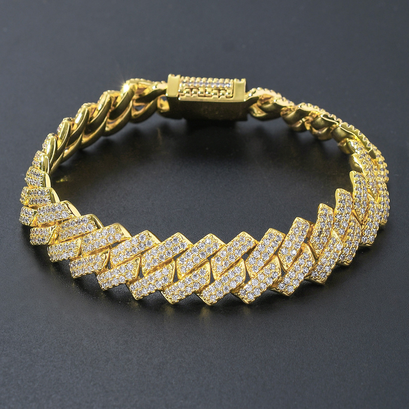 2023 Nueva venta Hip Hop con incrustaciones de agua Diamante Decoración de la mano Barra para hombres Cadena cubana 14 mm Diamante Pulsera de lujo personalizada_voghion.com