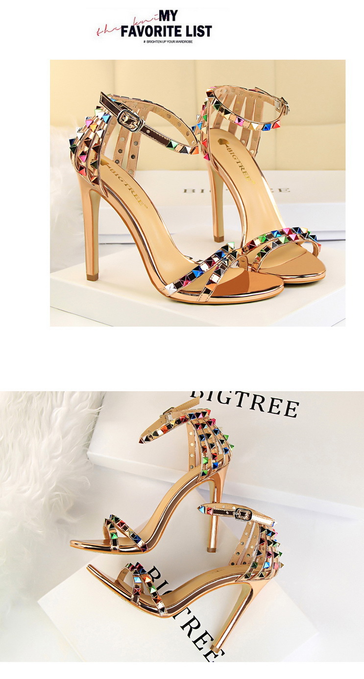 Style Roman Style Damenschuhe Stiletto Super High Heel Open Toe mit hohlen farbigen Nietensandalen_voghion.com