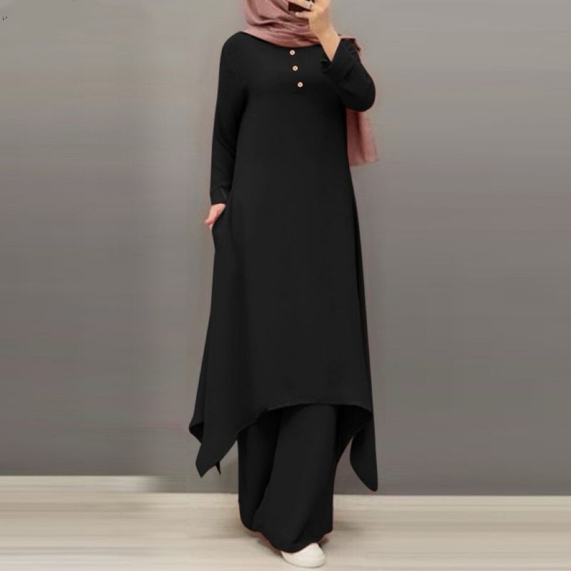 Verve 2025 New Muslim Simple Casual Solid Color Round Neck Decorated Wooden Button Long Sleeve Pants Set_voghion.com