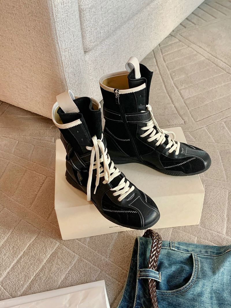 Women Boxing Boots Cowhide Version Grape Mom Same Style Boxing Color Matching Lace Side Zipper Hunting Training Martin Women's Short Boots_voghion.com
