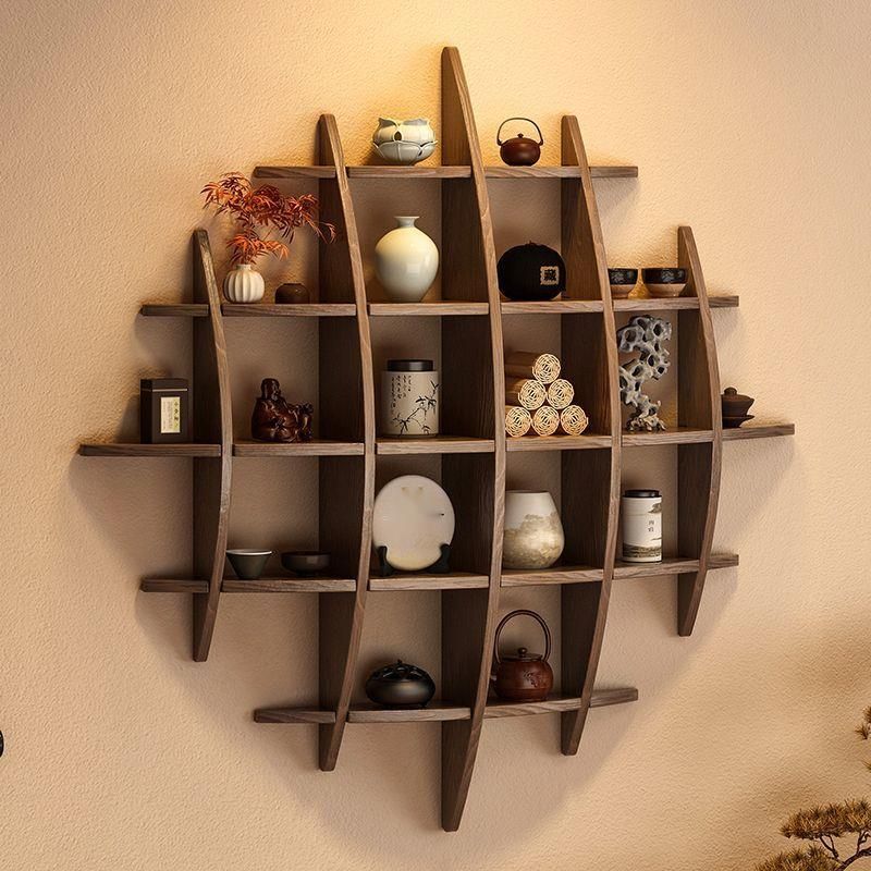 Solid Wood Storage Rack For Living Room, Cup Teapot And Tea Set Rack, Wall-Mounted Chinese Style Multi-Treasure Cabinet_voghion.com