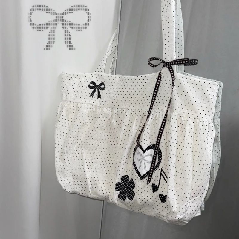 Herbst/Winter Neue Polka Dot Canvas Taschen Fliege Herzförmige Schultertasche Einkaufstasche Vielseitig_voghion.com