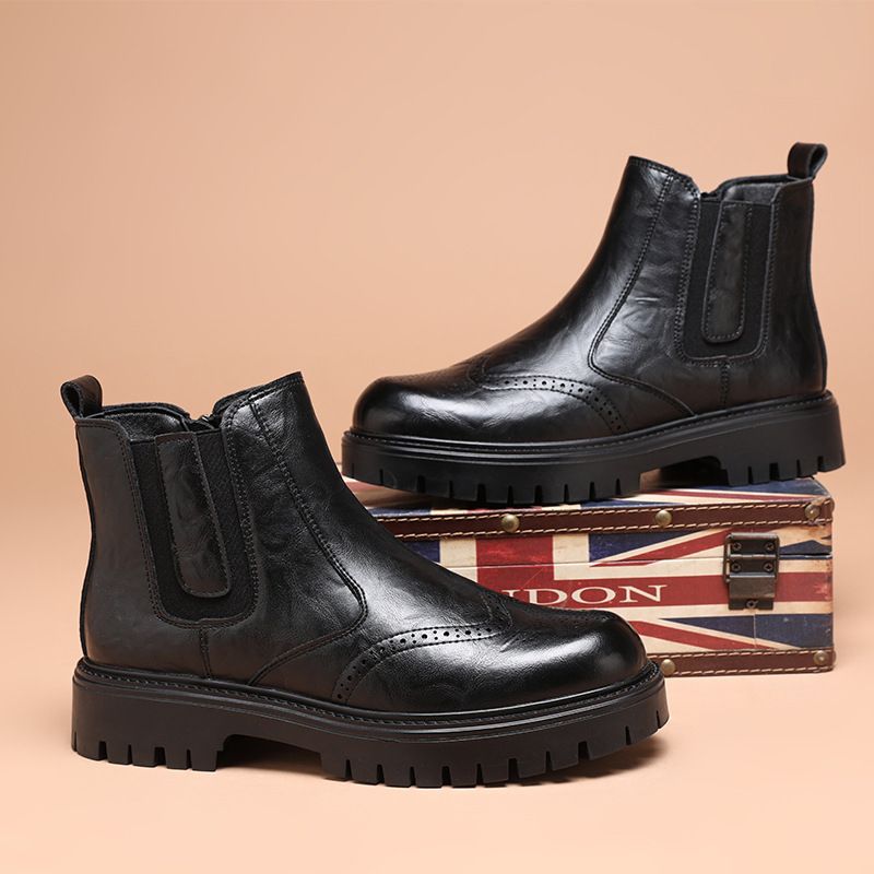 Stivali da uomo in pelle nera Martin alti, casual, corti, con punta smussata, in stile britannico, di alta qualità, stile Chimney_voghion.com