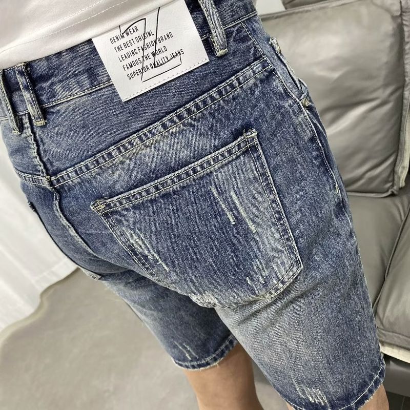 Vintage Light Blue Labeled Men's Denim Shorts - Slim Fit Stretch Summer Casual Shorts With Distressed Wash_voghion.com