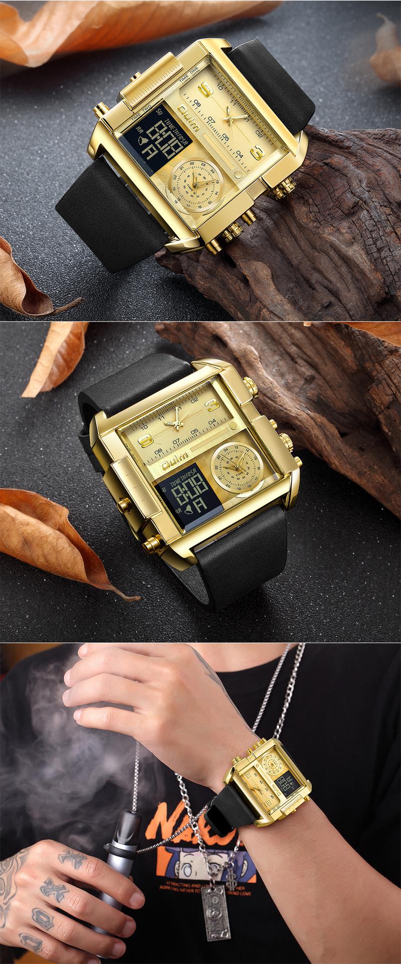 Men's Sports Watch With Large Square Dial, Waterproof, Multifunction, Genuine Leather Strap, GMT, Calendar, Stopwatch, Luminous Hands Casual Watch_voghion.com
