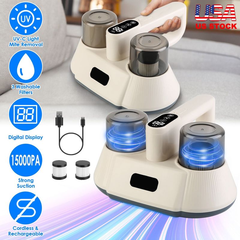 15000PA Double-Cup Bed Vacuum Cleaner With UV-C Light Cordless Mattress Vacuum Rechargeable Dust Mites Remover With 3 Washable Filters_voghion.com