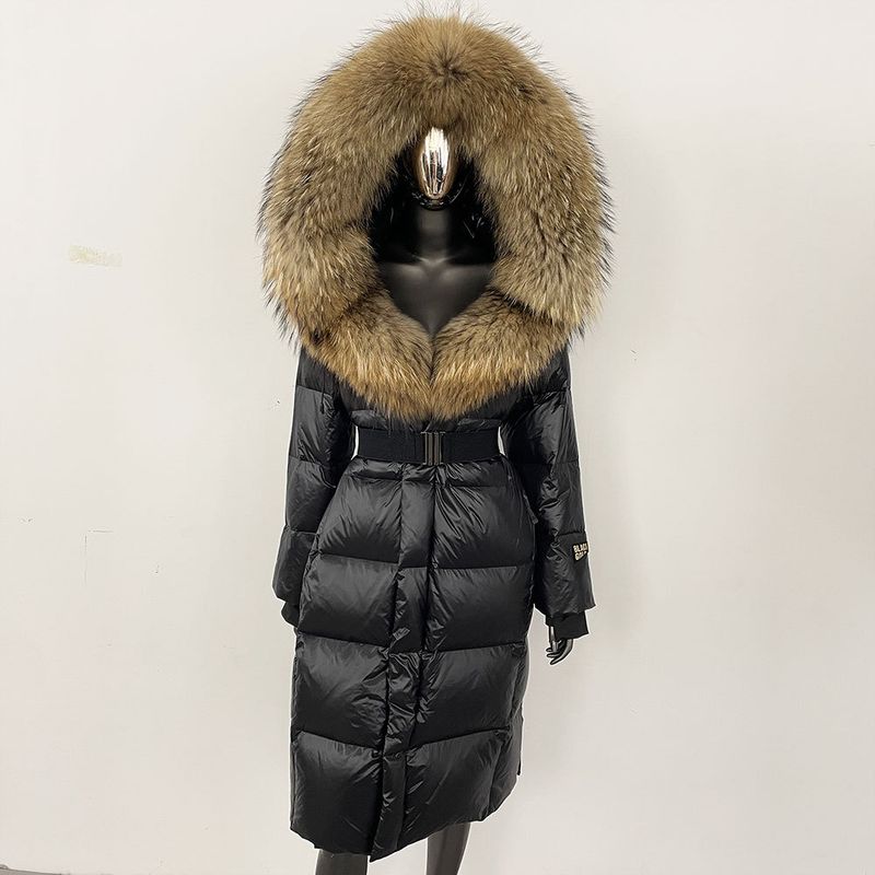 Damenbekleidung Fuchspelzkragen, langer Taillengürtel, luxuriöser langer Daunenmantel mit Kapuze und Gürtel, elegante und warme Winterjacke für Damen_voghion.com