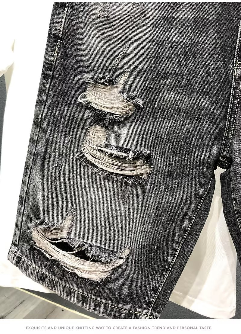 Pantaloncini cargo in denim da uomo, con cuciture irregolari, stampati, di marca Luffian, pantaloni a cinque quarti con fiori_voghion.com