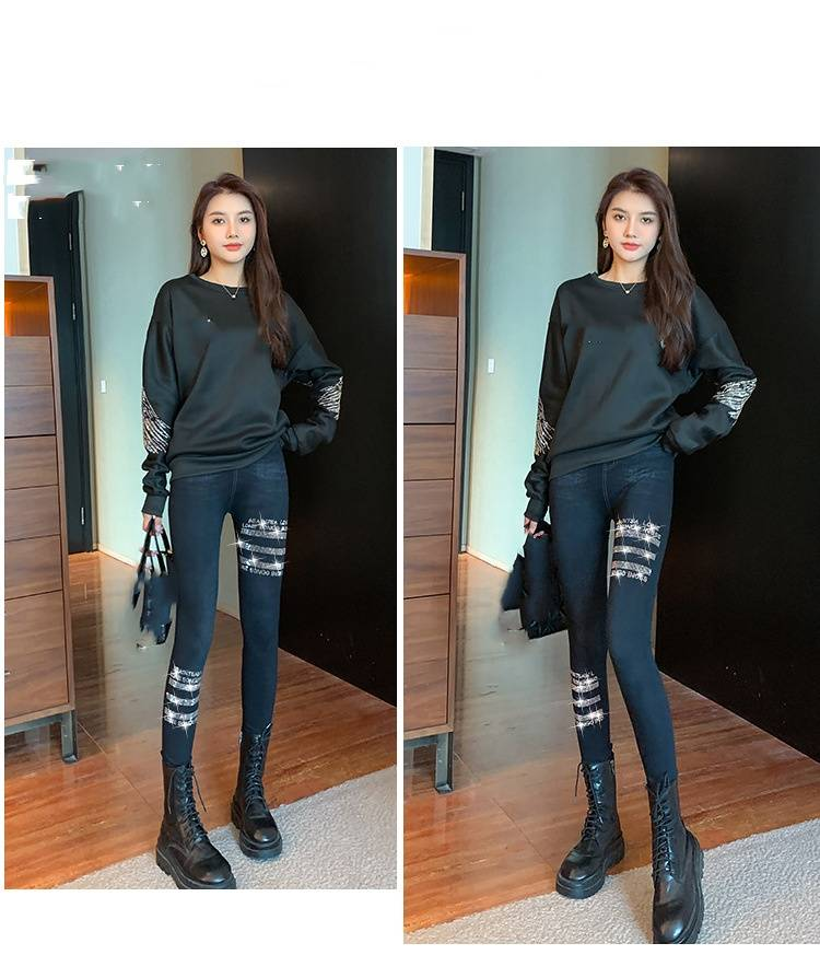 Abbigliamento da donna denim ad alta elasticità con diamanti caldi più leggings di velluto pantaloni a nove punti attillati e modali ispessiti_voghion.com