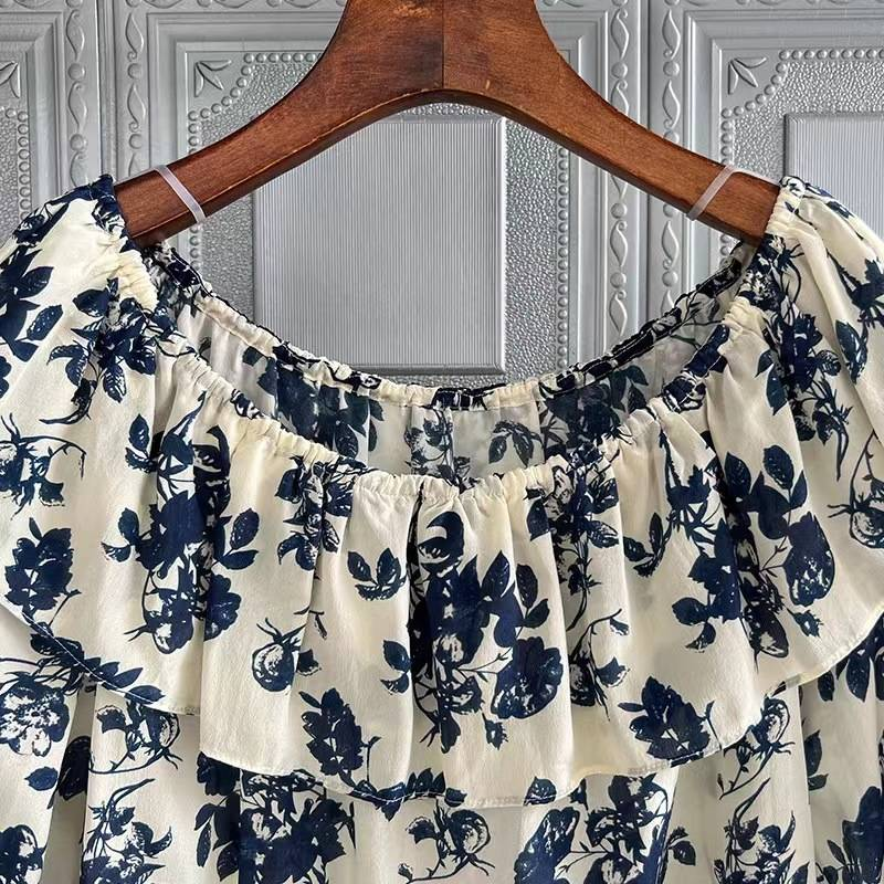 Women's clothing new summer loose one-shoulder collar mulberry silk top blue floral shirt_voghion.com