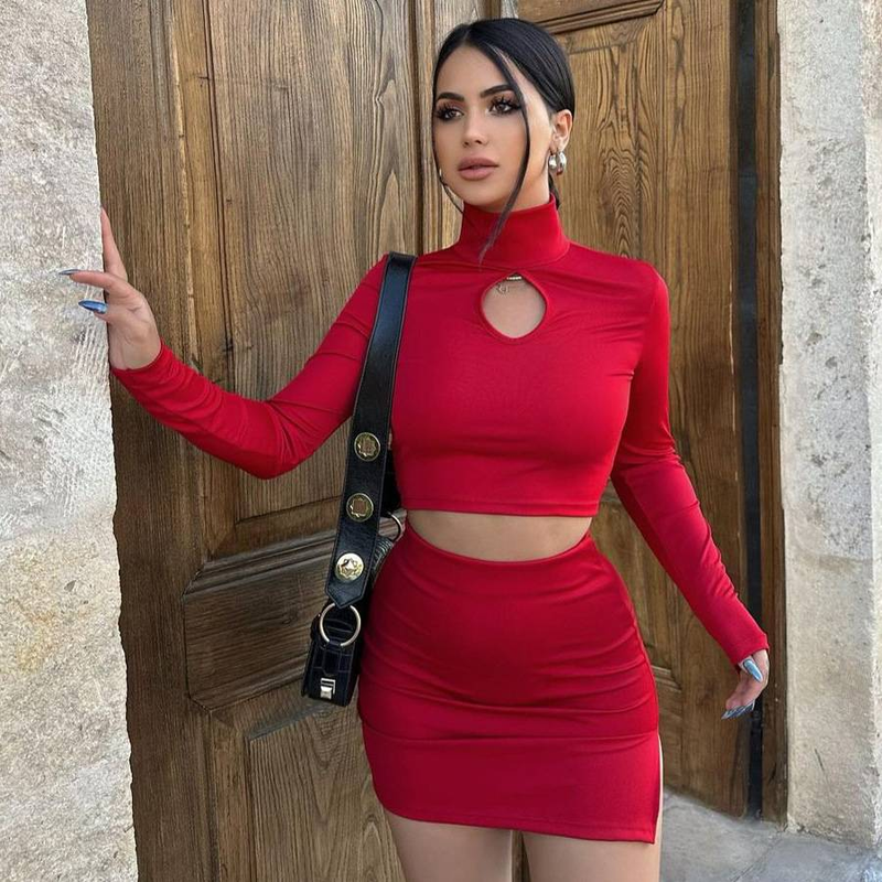 Nova moda outono feminina manga longa camiseta skinny e mini saia sexy conjunto feminino roupas casuais conjuntos de saias simples_voghion.com