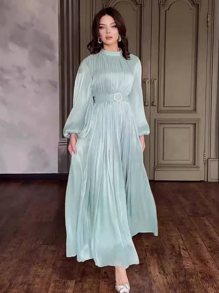 Musulmano Celebrità Stesso Stile Moda Girocollo Organza Maniche a Lanterna Maniche Lunghe Modifica Corpo Retro Vintage_voghion.com