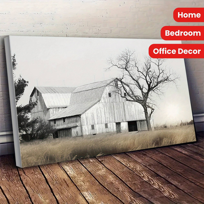 1pc Rustic Barn& Tree Wall Art Canvas Prints Painting, Monochromatic Design For Home, Bedroom, Office Decor, Unique Gift Idea, Home Decor_voghion.com