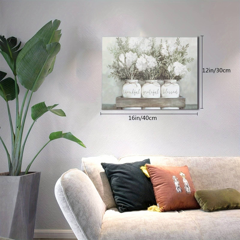 1pc Rustic Farmhouse Hydrangea Bouquet Art Canvas Prints Painting, Wooden Framed Wrapped Canvas With "Thankful Grateful Blessed" Sentiment_voghion.com