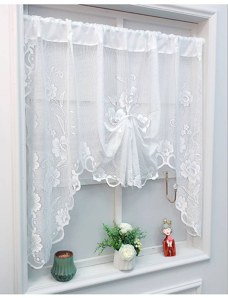 Lace Sheer Curtain For Doors & Windows - 100% Polyester Sun Filtering Drapes For Study Room, Balcony, Porch - White/Beige Boho Cafe Curtains_voghion.com