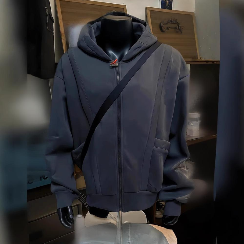 Felpa retrò da uomo Felpa con cappuccio e cerniera pesante vintage da uomo - Giacca streetwear oversize con stile destrutturato_voghion.com