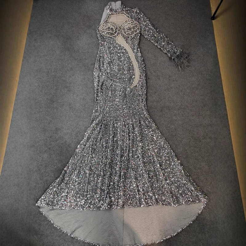 Elegant V-Neck Long Sleeve Bodycon Evening Dress With Slit & Glitter For Parties, Banquets, And Special Occasions_voghion.com