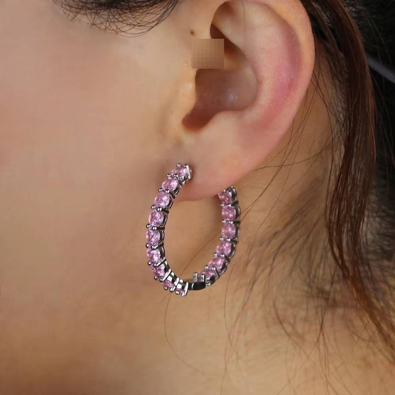 Women's Jewelry 30mm Pink Zircon Hoop Earrings In Silver & Rose Gold, Geometric Design For Trendy & Hip-Hop Style Rose Gold Silver Earrings Jewelry_voghion.com