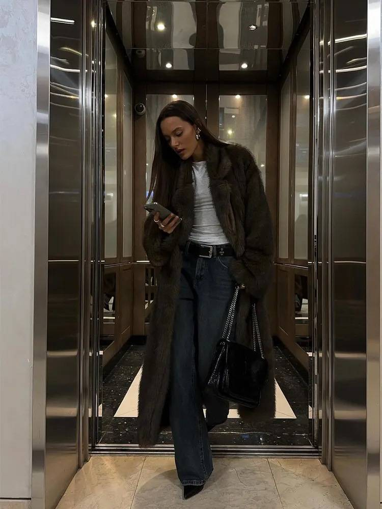 Luxury Long Faux Fox Fur Coat Women's Winter Elegant Overcoat - Ankle-Length Plush Outerwear In Rich Brown (S, M, L, XL, XXL)_voghion.com