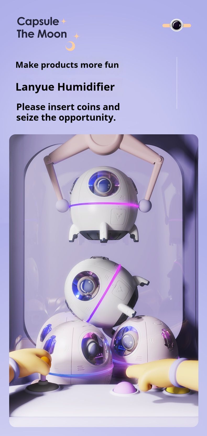 Space Capsule Humidifier - USB/Battery Powered, 0.5L Tank, 36dB Quiet, ABS Shell, Portable For Home & Office (White/Lavender/Black)_voghion.com