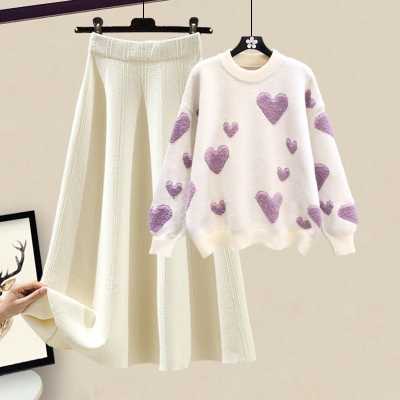Ensemble printemps grande taille : pull en tricot douillet et jupe mi-longue slim, deux pièces décontractées pour femme (blanc/rouge/violet, S-3XL)_voghion.com