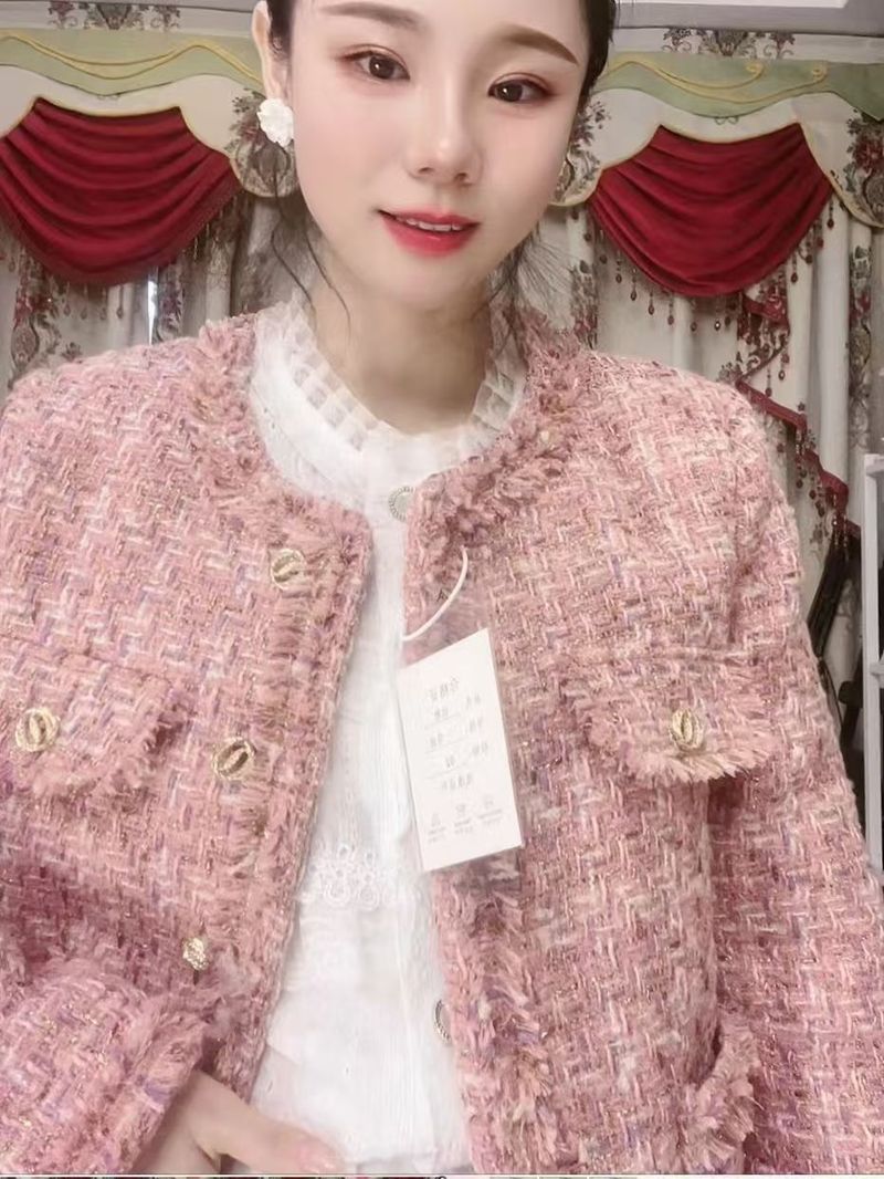 Luxuriöse, rosa Tweed-Steppweste für Damen im Winter, modischer Kurzmantel mit 3D-Muster, Prinzessinnenärmeln_voghion.com