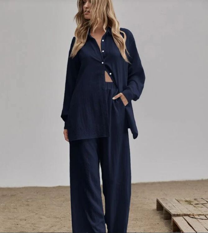 Collezione autunno 2022 da donna, nuova camicia casual di alta qualità, a maniche lunghe, tinta unita, con elastico in vita e pantaloni._voghion.com