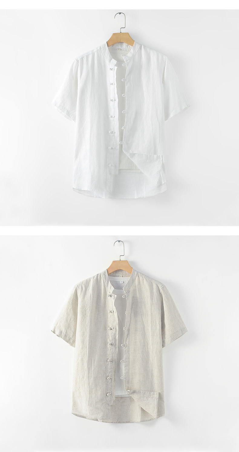 Abbigliamento maschile Abbigliamento maschile estivo in lino Camicia cinese a maniche corte con colletto alto Camicia retrò in lino con bottoni Top a maniche corte 165_voghion.com