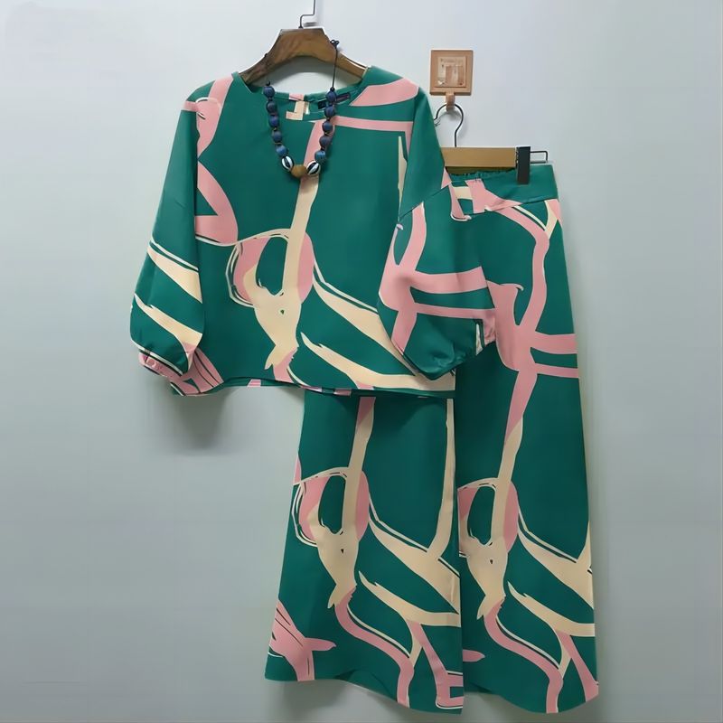 Lente Nieuwe Dames Geometrische Print Casual Matching Set Bohemian Top Wijde Broek 2-delige Set_voghion.com